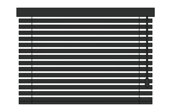 A closed set of dark grey horizontal window blinds with a thin white cord hanging down on the right side venetian blinds horizontal blinds window covering shade louvers slatted blinds