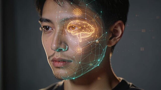 Appearing teal wireframe overlay mapping facial landmarks on Asian man in studio