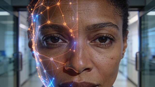 Starting face scan, system projecting overlay on woman holding gaze in lab corridor, glowing nodes