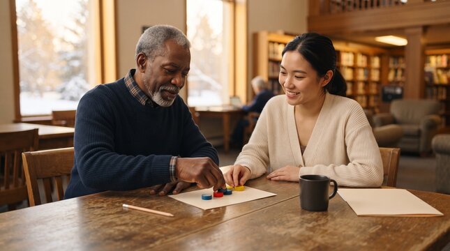 Neighbors plan together at a library community table