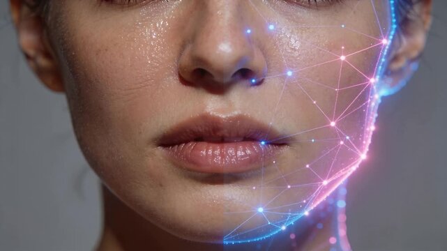 Facial scanner projecting holographic mesh onto female model lower face, mapping jawline landmarks