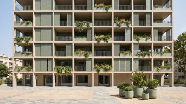 Layered balconies define a modern rental facade