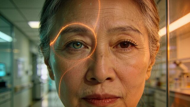 Scanner activating senior Asian scientist in lab coat as AR mapping left face for study