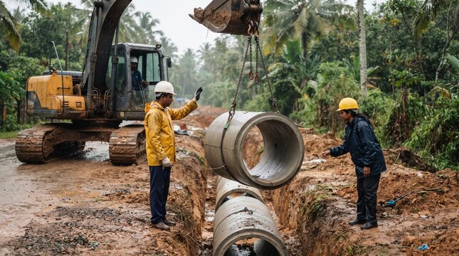 Crew installs concrete culvert on a rural road
