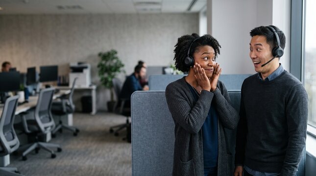 Support coworkers share a playful office pause