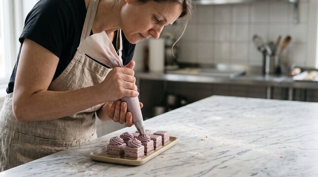 Pastry maker pipes berry cream onto petit fours