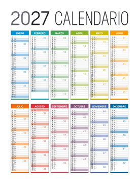 Spanish desk calendar 2027 with week numbers. Editable vector template with isolated layers, customizable design for Spain.