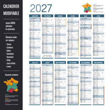 Calendrier Fran&ccedil;ais 2027 modifiable France, vectoriel, &eacute;l&eacute;ments isol&eacute;s sur calques, textes en Arial, &eacute;ditables et vectoris&eacute;s. Mod&egrave;le personnalisable pour bureau.