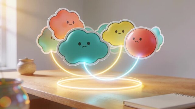 Appearing glowing ring on wooden table, six cloud-shaped characters rising while connecting to ring