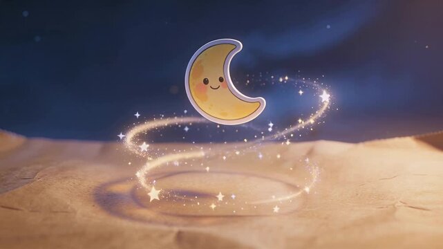 Floating yellow crescent moon rotating above beige textured surface at night, orbiting golden ring