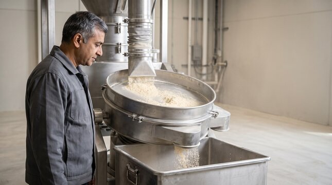 Mill specialist checks chickpea flour at sieve station