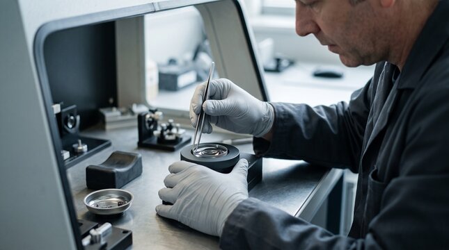 Technician seats a precision lens in an anodized mount