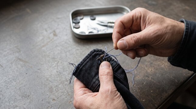 Close detail of hand finishing a shirt button repair
