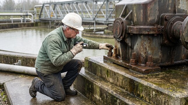 Technician assesses clarifier gearbox mounting bolts