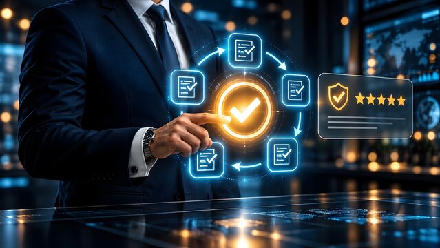 Businessman using a futuristic touchscreen interface to manage automated workflow cycles with quality checkmarks and high security ratings in a dark office