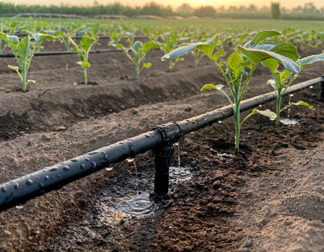 Drip Irrigation System Watering Young Crops in Agricultural Field
