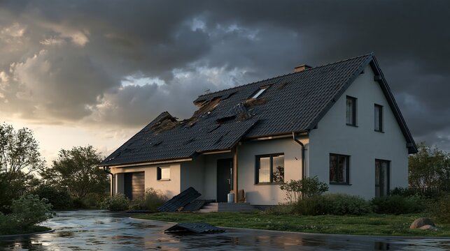 Suburban family house with missing roof tiles after a windstorm Generative AI