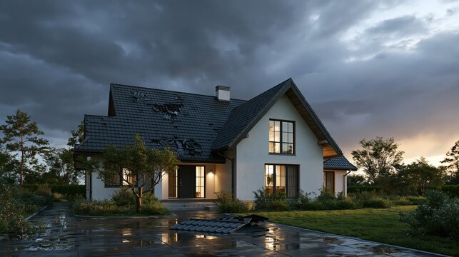 Suburban house roof damaged by windstorm beneath an overcast sky Generative AI