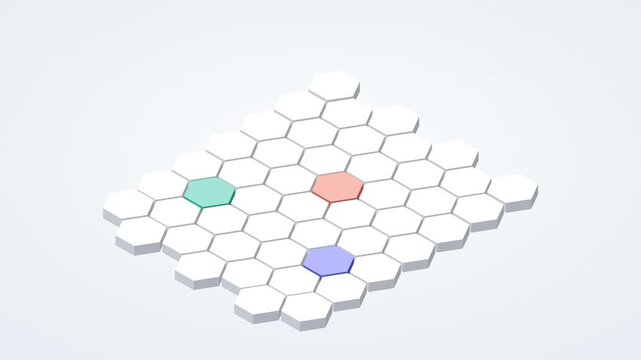Animated 3D isometric hexagon grid infographic with rising colorful data pillars