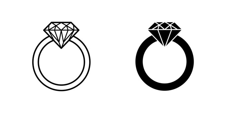 Minimalist diamond engagement ring icons featuring simple black outlines and solid silhouettes designed for clean modern digital user interfaces on transparent background