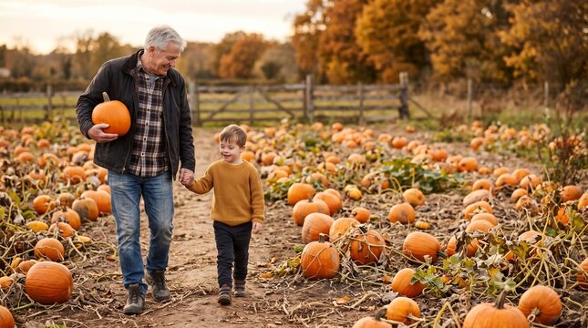 Grandfather and Little Grandson with Down Syndrome Sitting Together in Autumn Pumpkin Patch
