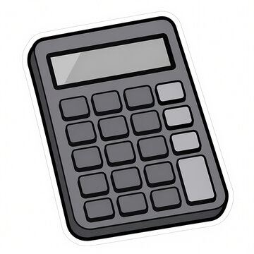 Professional electronic calculator illustration with a grey plastic finish and sticker style border, isolated on white background for financial, business, and educational design.