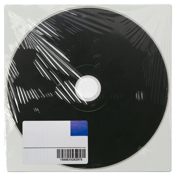 Vintage compact disc plastic sleeve with blank black CD and sticker