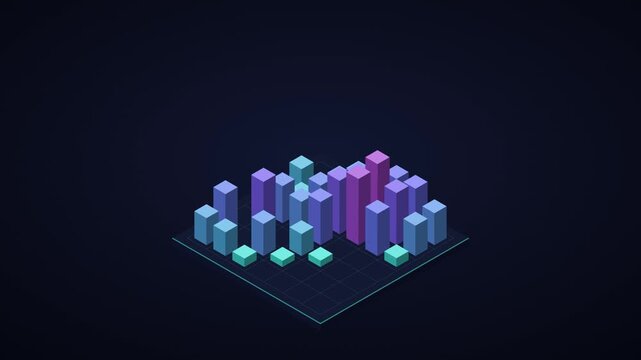 Dark mode isometric bar chart landscape animation for big data analytics presentation