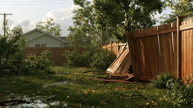 Strong winds leave broken wooden fence panels across a suburban backyard Generative AI