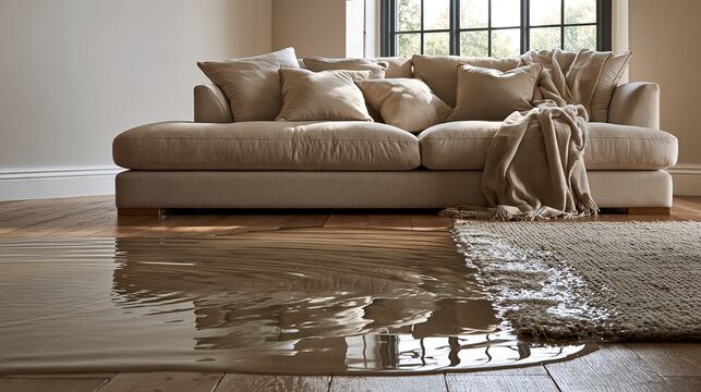 Water from a plumbing leak covers the floor of a living room Generative AI