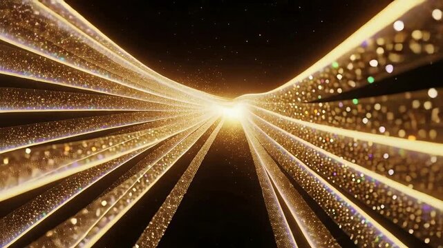 Pulsing central light starting rotating golden spiral of glitter ribbons in black void