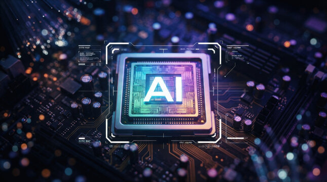 Artificial intelligence microprocessor chip with digital overlay circuitry glowing in deep blue violet hues for computing research.