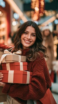 Smiling woman carries gifts and shopping bags through a festive mall Generative AI