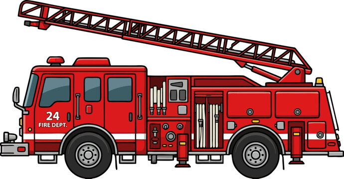 Red Fire Department Ladder Truck Side View with Hose and Extended Aerial Ladder, Fire Dept 24 Emergency Vehicle Flat Cartoon Vector Illustration