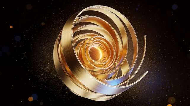 Pulling back cam revealing golden spiral rotating and unfurling exposing glowing core and particles