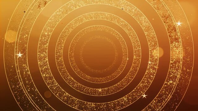 Starting sequence of concentric gold glitter rings pulsing rotating on amber gradient as backdrop