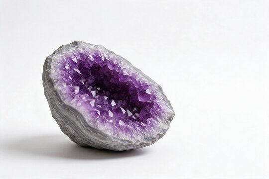 Natural amethyst geode with purple crystal cavity on white