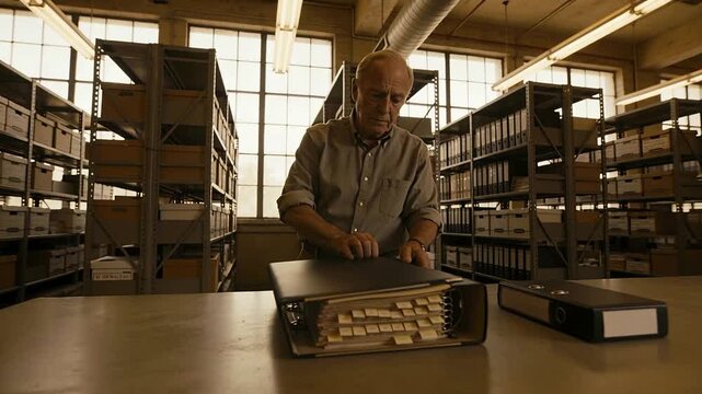 Leaning forward, senior archivist rolled sleeves sorting tabbed binder in records room for filing