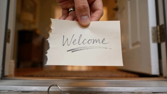 Entering ringed hand presenting Welcome card at doorway with keys on threshold, welcoming guest