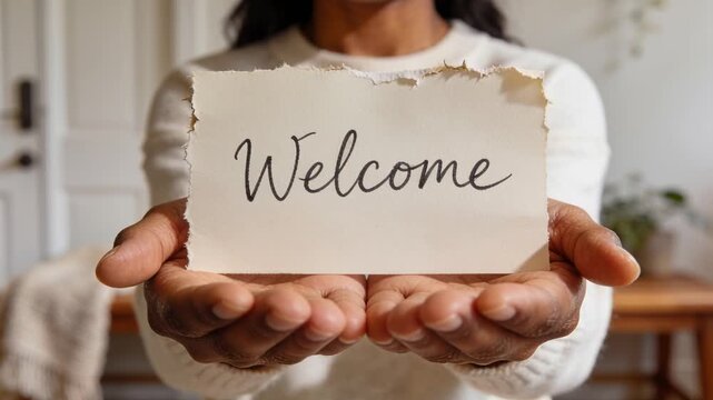 Recording starting, woman wearing cream sweater presenting torn Welcome card at home entryway