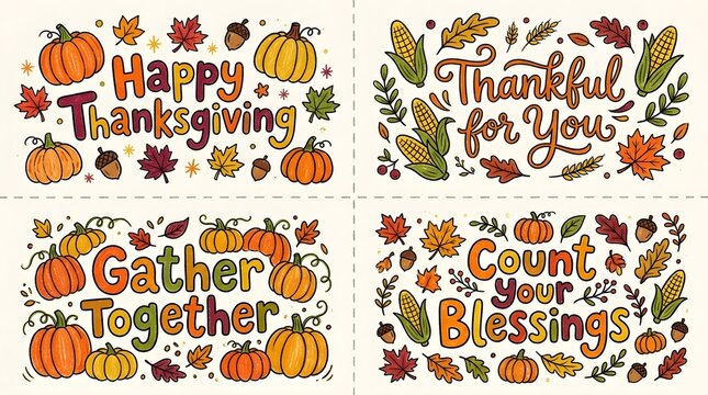 Set of four thanksgiving greeting cards with handdrawn lettering and autumn elements like pumpkins, fall leaves, corn, and acorns, isolated on white background