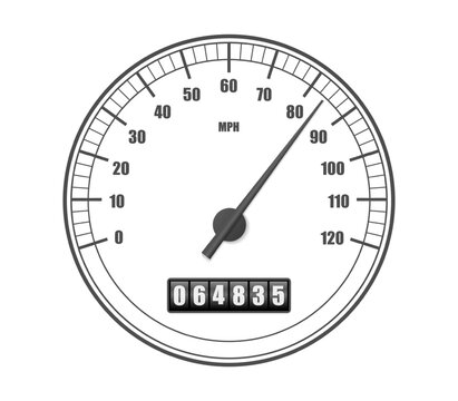 Realistic classic car speedometer with odometer sensor hud interface template isolated. Sport black auto ui display panel. Grey miles per hour modern measuring scale. Vector Illustration png