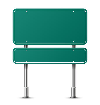 Realistic green rectangular traffic sign on metal steel pole isolated. Green road panel mockup - direction highway, board traffic, city board, street roadsign, guide, signboard signage. Vector PNG