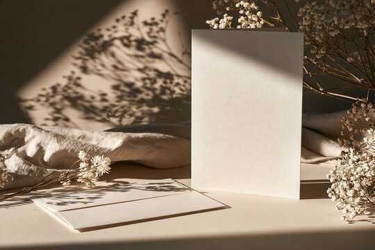 Blank ivory greeting card and envelope on a desk in sunlight Generative AI