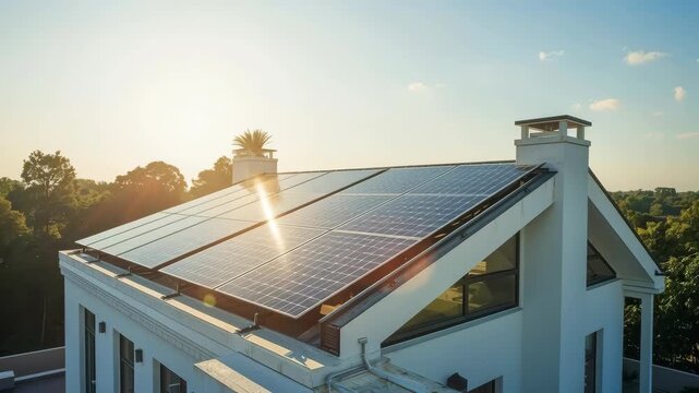 White Modern House with Rooftop Solar Array and Solar Panel Warm Sunlight . Modern Architecture