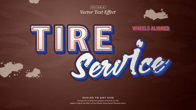 Tire Service White Script and Block Text Effect on Rust Brown Wall