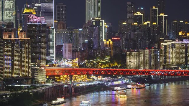 Chongqing cyberpunk city skyline with river and hongyadong night time