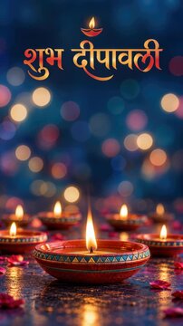 Diwali festive wishes in shubh deepavali devanagari calligraphy, painted clay oil lamps with geometric blue gold borders