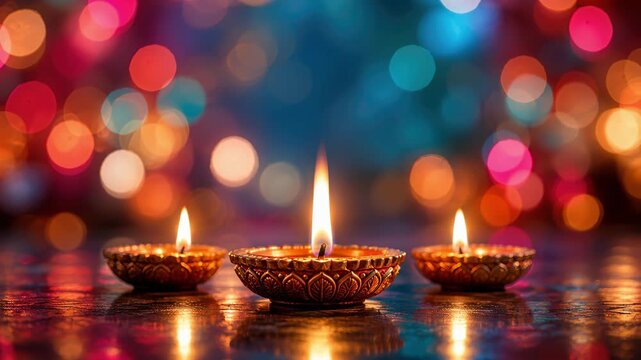 Diwali home decor with three lotus patterned brass diyas. festive tabletop styling, traditional oil lamps with cotton wicks