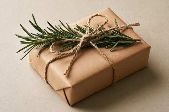 Kraft paper gift wrapped with natural twine and rosemary